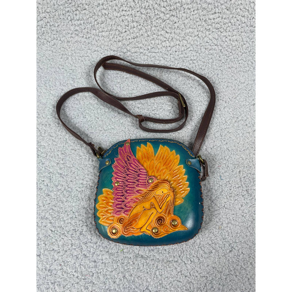 Purse Change Crossbody Angel Embossed Leather Hand made Zip Pouch Wallet - Picture 1 of 7